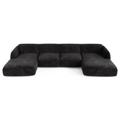 7-zits panoramische bank in zwart geweven fluweel