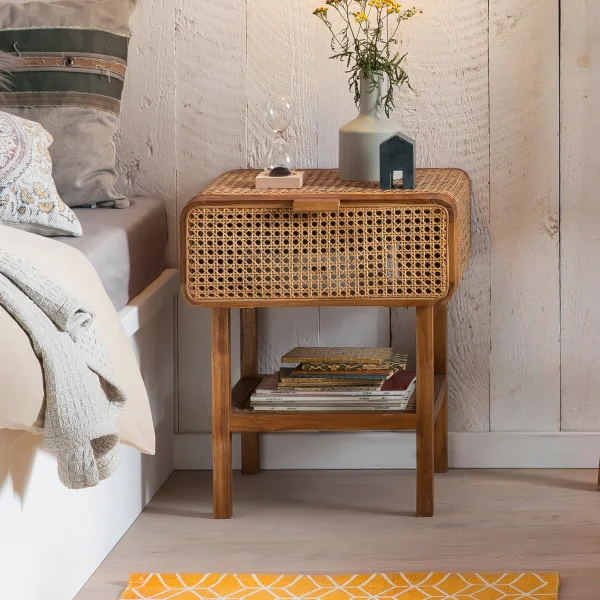 Artistiq Nachtkastje Cha Teakhout en Rotan, 48 x 45cm - Bruin,Hout,Naturel