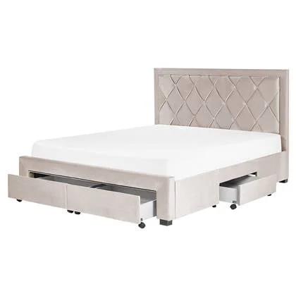 Beliani-LIEVIN-Bed met opbergruimte-Beige-160 x 200 cm-Fluweel