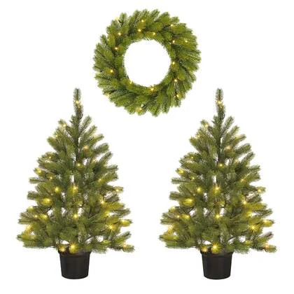 Black Box Trees Nagoya Set van 2 Kerstbomen en 1 Krans - H90 x Ø45 cm