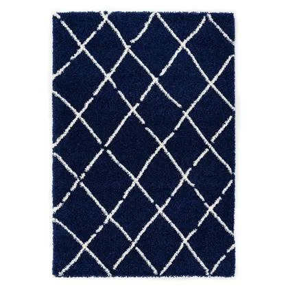 Boho&me Hoogpolig vloerkleed ruiten Artisan - marineblauw|wit -