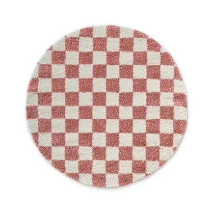 Boho&me Rond checkerboard vloerkleed - Check ivoor|roze - 250 cm