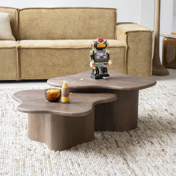 By-Boo Organische Salontafel Fall Mangohout, Set van 2 stuks - Bruin - Japandi