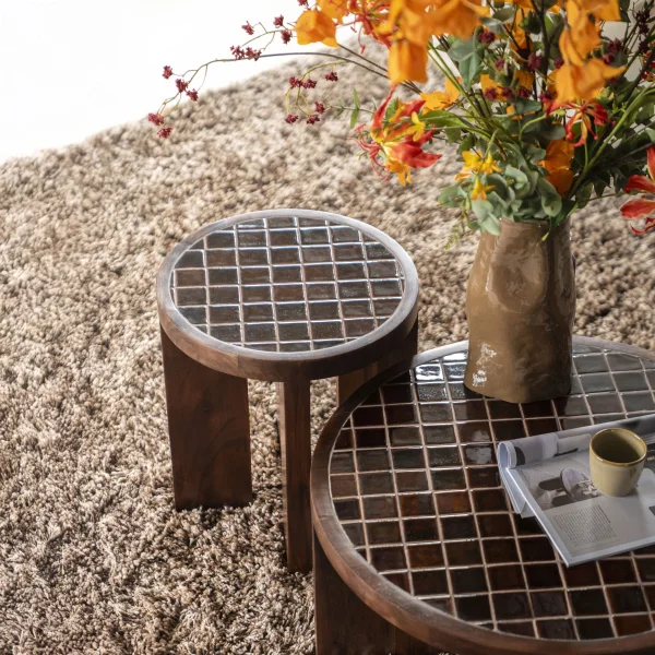 By-Boo Ronde Bijzettafel TiledUp Keramiek en mangohout, 40cm - Bruin