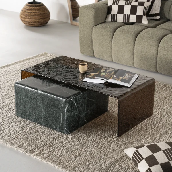 By-Boo Salontafel Ripple/Dice Glas en marmer, Set van 2 stuks - Bruin