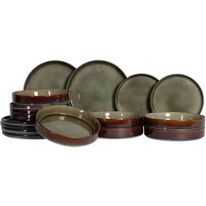 Cosy & Trendy Serviesset Quintana Green 18-delig | 6 personen - 6 dinerborden, 6 diepe borden en 6 ontbijtborden