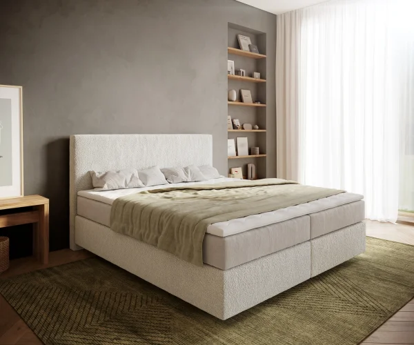 DELIFE Boxspringbed Dream-Well 180x200 cm Bouclé Crème-Wit met Pocketveringmatras en Topper Visco