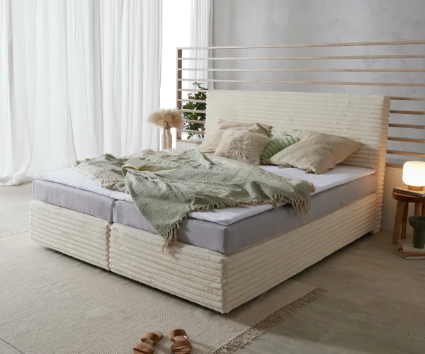 DELIFE Boxspringbed Dream-Well Pluche-Koord Beige 180x200 cm met Bonell-matras en PU-topper