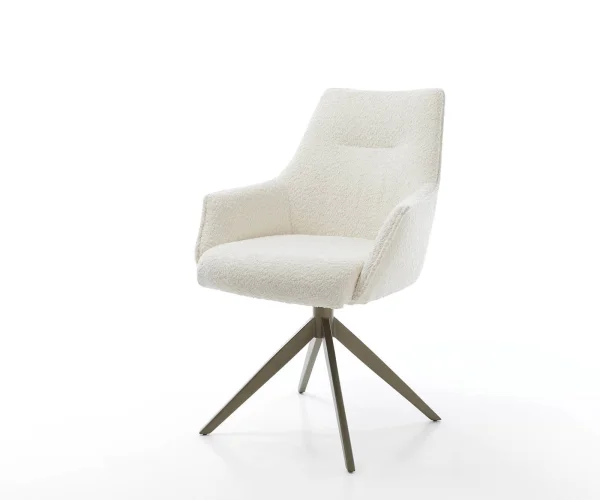 DELIFE Draaistoel Alja-Flex met armleuning bouclé wit kruisframe breed afwerking met titanium 360° draaibaar pocketveer kern