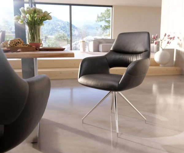 DELIFE Eetkamerstoel Yago-Flex met armleuning echt leer zwart kruisframe conisch roestvrij staal pocketveer kern