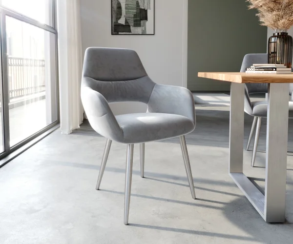 DELIFE Eetkamerstoel Yago-Flex met armleuning fluweel grijs 4-poot conisch roestvrij staal pocketveer kern