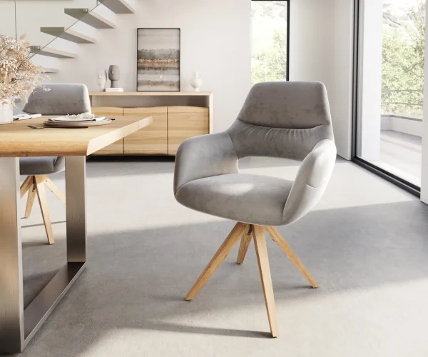 DELIFE Eetkamerstoel Yago-Flex met armleuning fluweel grijs houten frame hoekig natuur pocketveer kern
