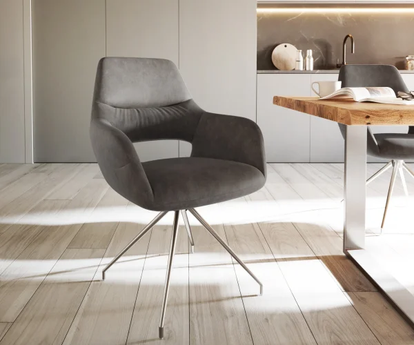 DELIFE Eetkamerstoel Yago-Flex met armleuning microvelours antraciet vintage kruisframe conisch roestvrij staal pocketveer kern