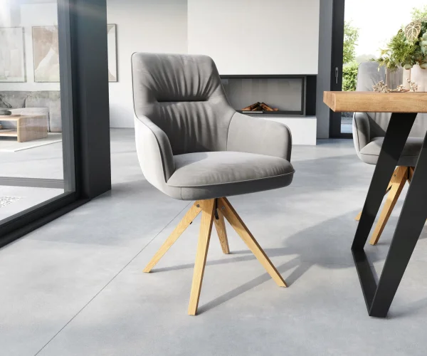 DELIFE Eetkamerstoel Zelia-Flex met armleuning fluweel grijs houten frame hoekig natuur pocketveer kern