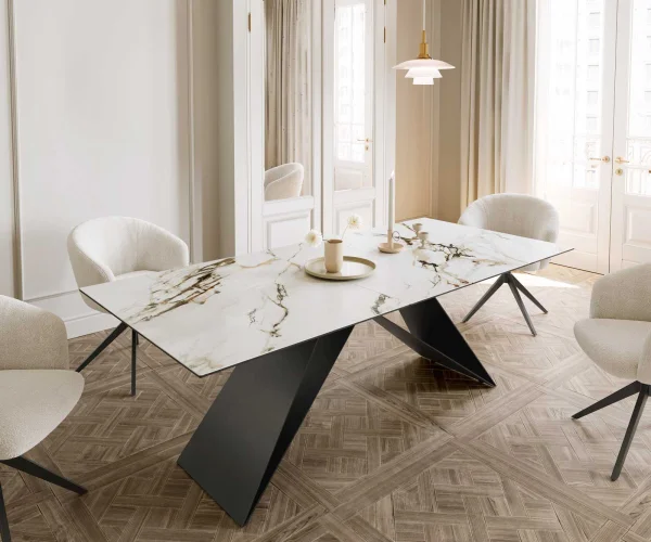 DELIFE Eetkamertafel Edge 180-220x100 keramiek Calacatta Luxe wit-goud-grijs V-frame vlak staal zwart uitschuifbaar