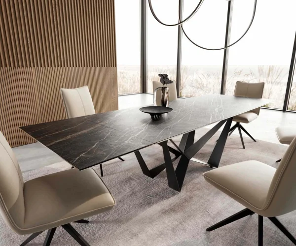 DELIFE Eetkamertafel Edge 200-300x100 keramiek Laminam®Noir Desir bruin spider vlak staal zwart uitschuifbaar