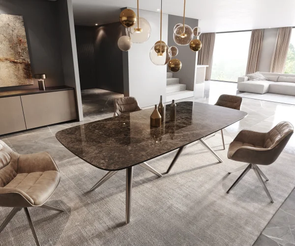 DELIFE Eetkamertafel Edge Boot 240x120 Laminam® Emperador Extra Lucidato donkerbruin Estelar rond  roestvrij staal