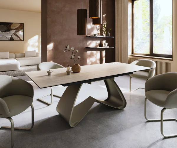 DELIFE Eettafel Edge 180-220x90 keramiek  Laminam® Travertino Bianco Creme-wit W-frame effectafwerking Titan uitrekbaar