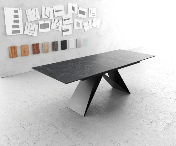 DELIFE Eettafel Edge 180-220x90cm Laminam® keramiek grijs V-middenpoot zwart