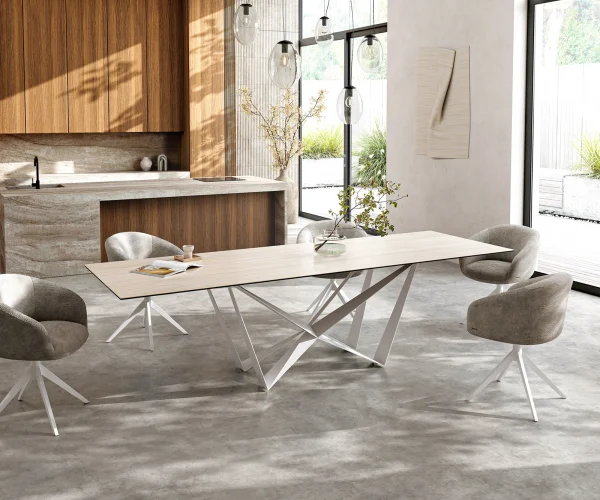 DELIFE Eettafel Edge 300x100 keramiek  Laminam® Travertino Bianco Creme-wit Spider metaal wit