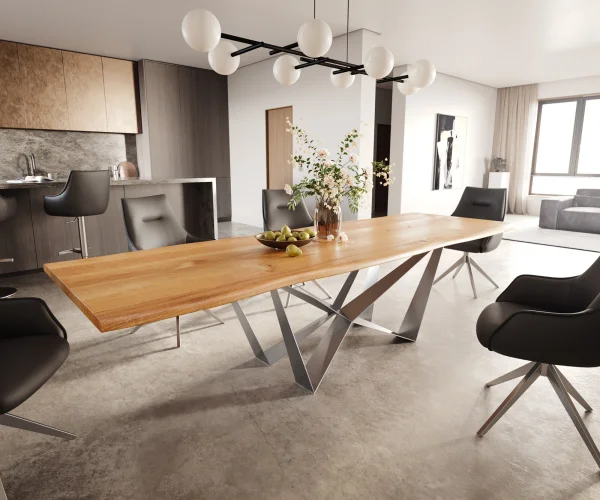 DELIFE Eettafel Edge 300x100x4 eiken natuur Spider vlak staal RVS Live-Edge