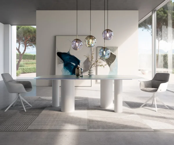 DELIFE Eettafel Edge Boot 240x120 Reliefglas Perlmutt 3D-Design Pilier metaal wit