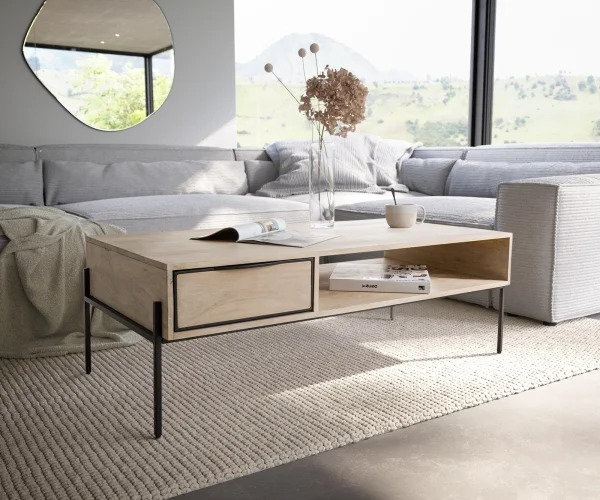 DELIFE Salontafel Henora 120x60 cm Mango White Wash metaal zwart 1 lade