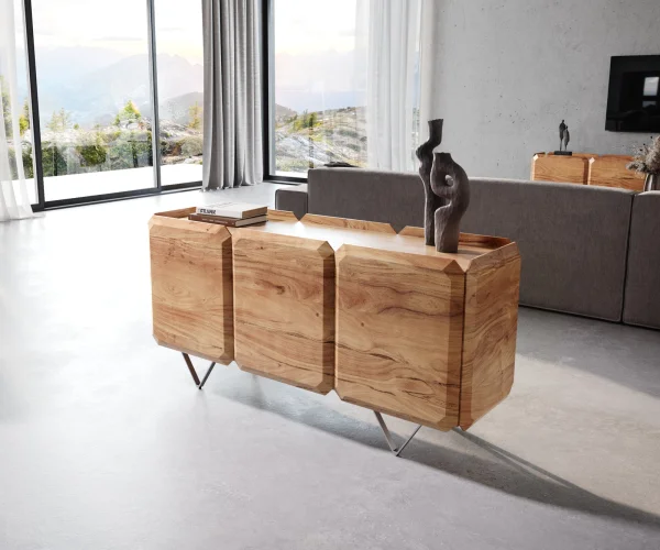 DELIFE Sideboard Kiano 145 cm Acacia Natuur 3 Deuren V-voet Edelstaal Roomdivider