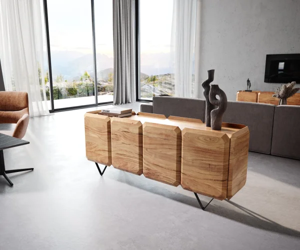 DELIFE Sideboard Kiano 175 cm Acacia Natuur 4 Deuren V-voet Zwart Roomdivider