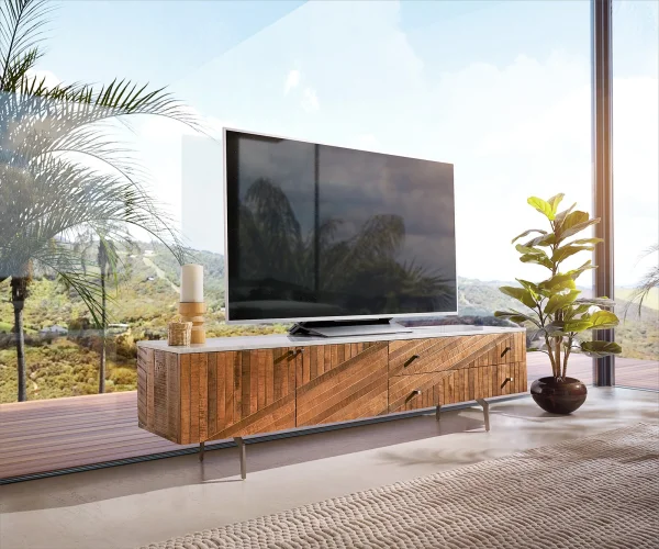 DELIFE Tv-meubel Bahan 175 cm mango teak  2 deuren 2 schuifladen marmerblad wit hoekpoot edelstaal