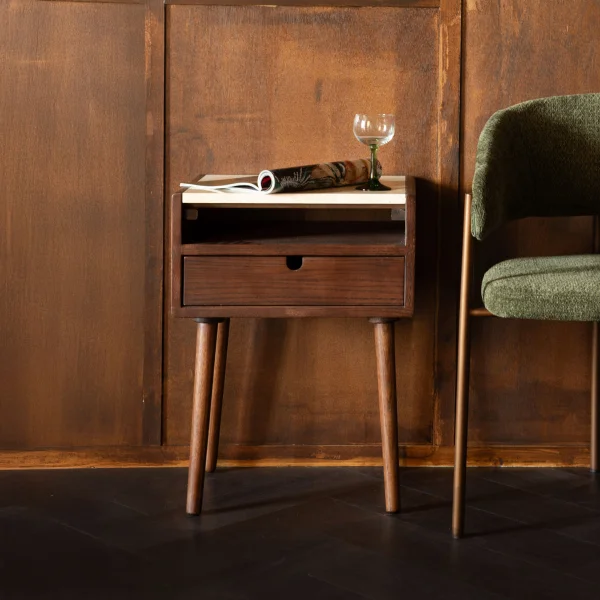 Dutchbone Nachtkastje Arda Walnoot en travertin, Met 1 lade - Bruin,Hout,Naturel