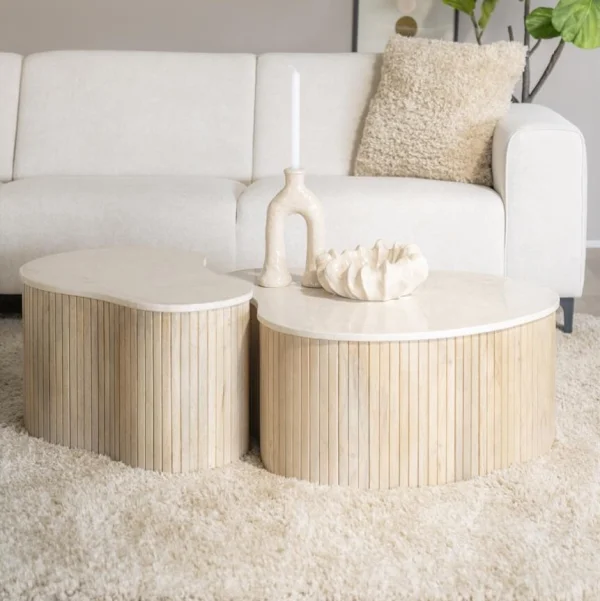 Eleonora Organische Salontafel Kira Mangohout en marmer, Set van 2 stuks - Beige - Japandi