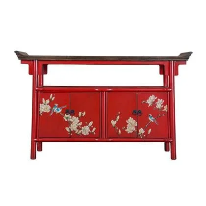 Fine Asianliving Chinese Dressoir Handpainted Red Tibetan Inspired