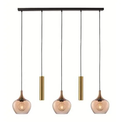 Freelight Hanglamp Fresu Glas Ø 19 cm & Koker Ø 5.5 cm 5 Lichts Balk