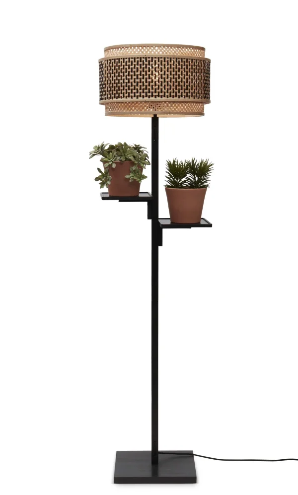 Good&Mojo-collectie Vloerlamp Bhutan zwart bamboe met plankjes zwart/naturel