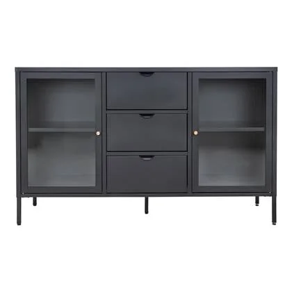 Hioshop Dalby dressoir 2 glazen deuren, 3 laden zwart.