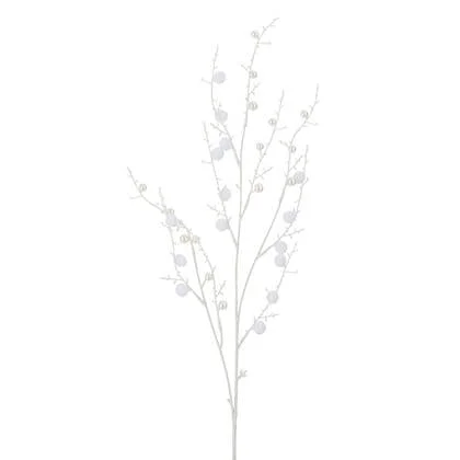 J-Line decoratie Tak Pompons + Parels - kunststof - wit - 12 stuks