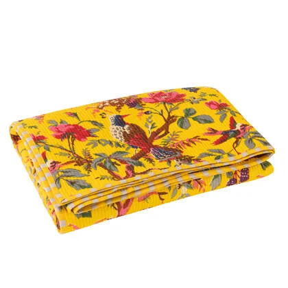 J-Line deken Vogels|Bloemen - katoen|fluweel - geel