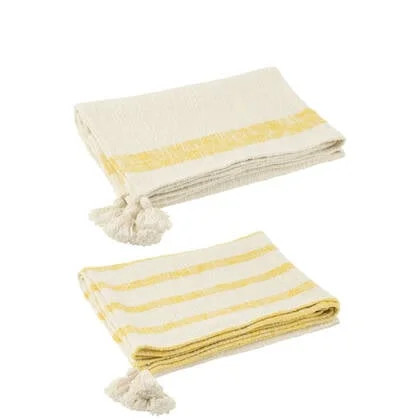 J-Line plaid Strepen + Kwasten - katoen - wit|geel - 2 stuk