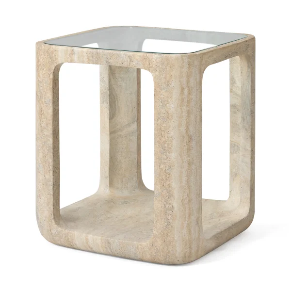 Jesper Home Bijzettafel Yobeko Travertinlook en glas, 48 x 48cm - Beige,Naturel - Vierkant