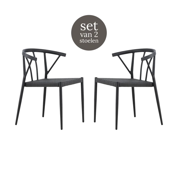 Julian aluminium tuinstoel zwart - met rattan zitting - set van 2