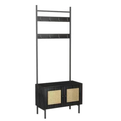 Kapstok Ambon - Met Opbergkast & Haken - Zwart met Rattan - 70x32x1...
