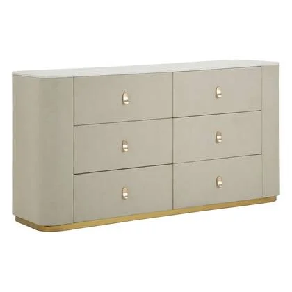 Kast in beige stof en goudkleurig metaal, 140x45x76 cm