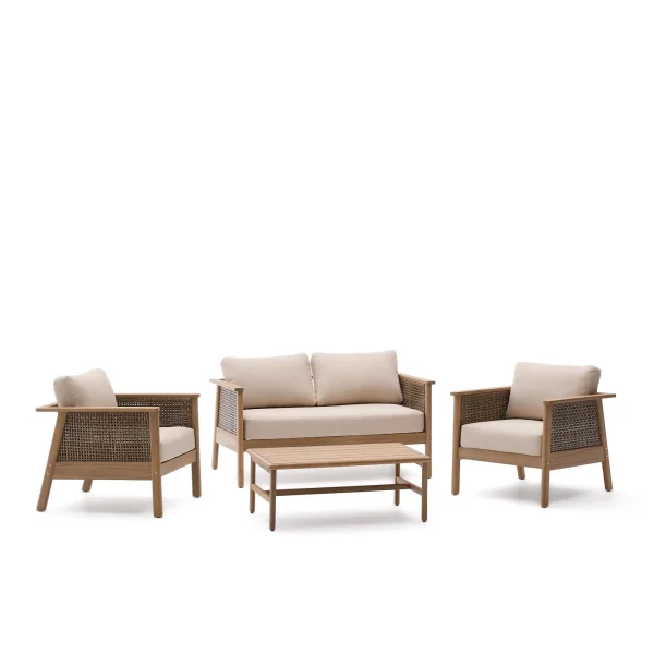 Kave Home Loungeset Alabe Acaciahout en rattan, Met 2-zits bank, 2 fauteuils en salontafel - Beige,Bruin