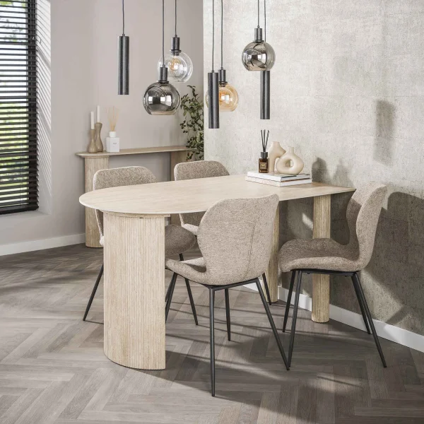 LifestyleFurn Halfronde Eettafel Ciarra Travertinlook, 140 x 80cm - Keramiek travertine - Ovaal