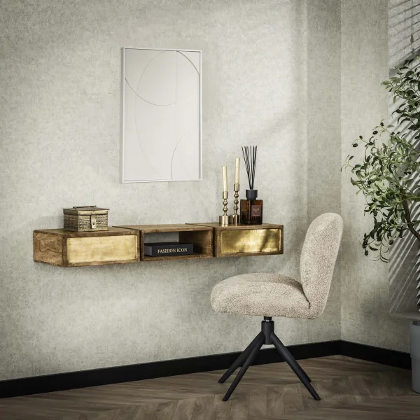 LifestyleFurn Hangende Kaptafel Renée Mangohout en brass, 123 x 30cm - Massief mango zwart