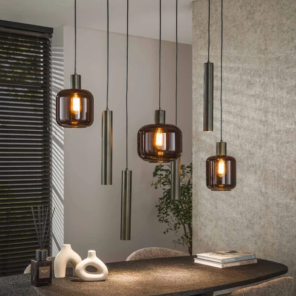 LifestyleFurn Hanglamp Gill 4+3-lamps - Sienna brown