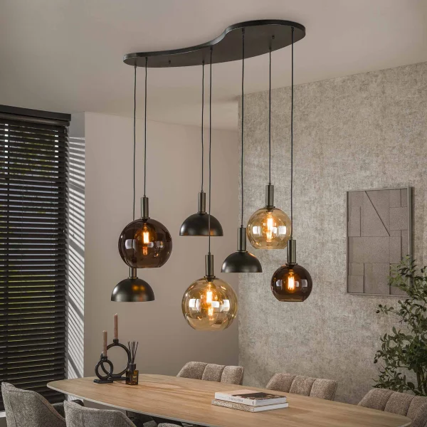 LifestyleFurn Hanglamp Jocelyn Glas en metaal, 4+3-lamps - Sienna bruin
