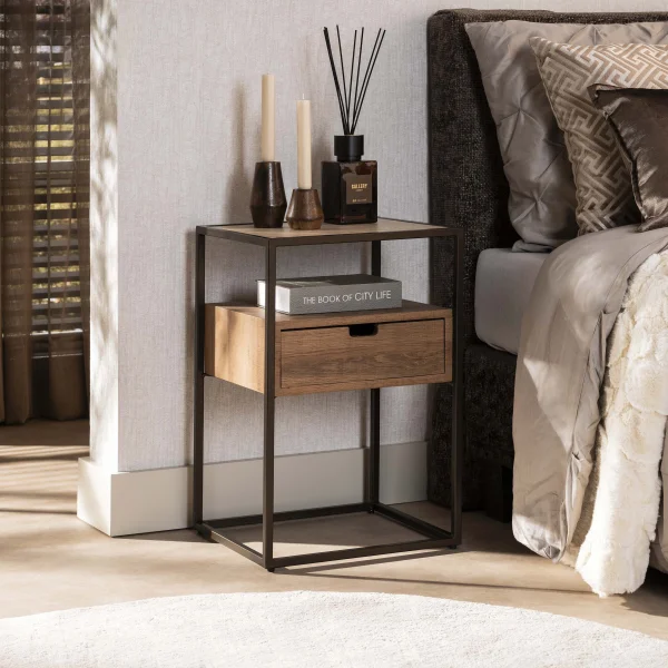 LifestyleFurn Nachtkastje Thom Travertin- en eikenlook, Met 1 lade - Bruin