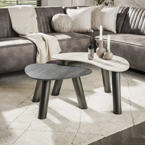 LifestyleFurn Organische Salontafel Dallen Keramiek met travertinlook, Set van 2 stuks - Grijs